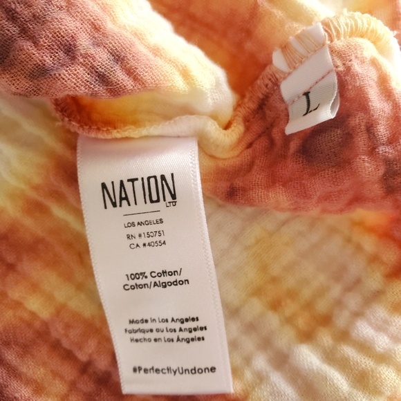 NATION LTD MiMi Romance‎ Plum/Yellow/Cream Tie Dye Gauzy Peasent Sleeve Blouse L - Picture 13 of 15